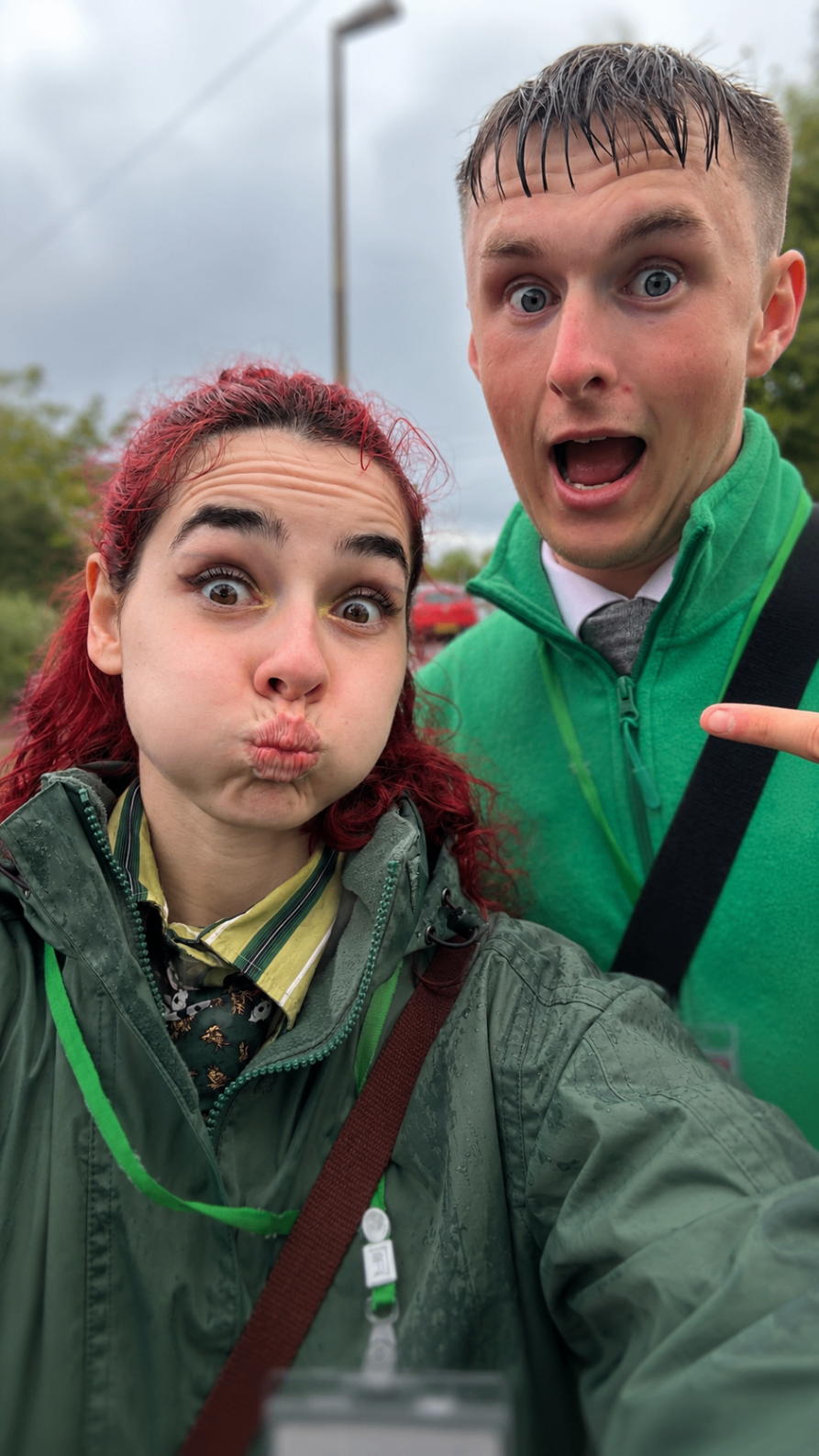 Teammates keeping morale up in the rain